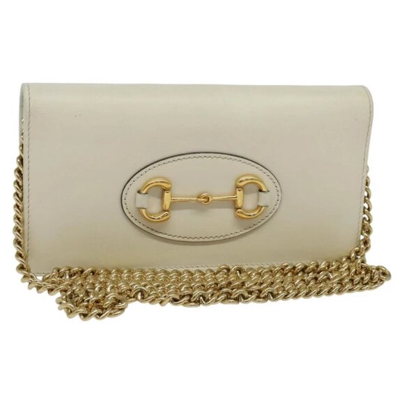 GUCCI Horsebit Chain Long Wallet Leather White Gold - Picture 1 of 14